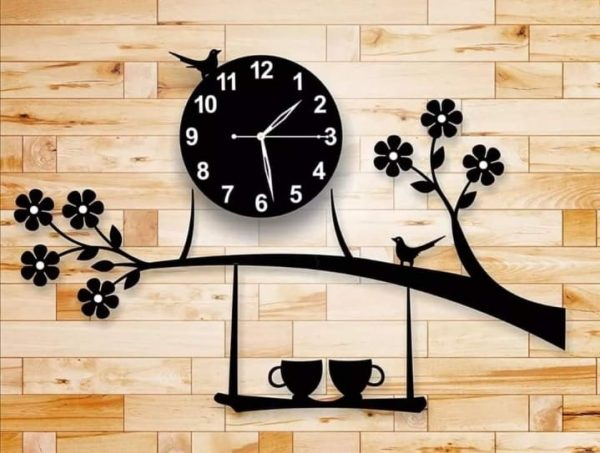 3D Bird on Tree with Coffee Cups Wall Clock – Laser-Cut DIY Wooden Wall Art & Timepiece for Home/Office Décor