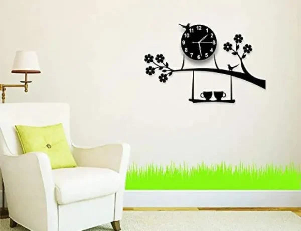 3D Bird on Tree with Coffee Cups Wall Clock – Laser-Cut DIY Wooden Wall Art & Timepiece for Home/Office Décor