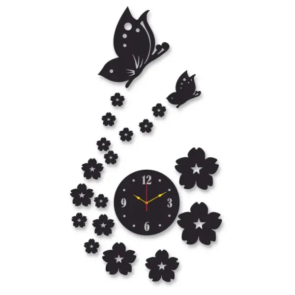 Wall Clock With Wooden Butterflies , Flowers With Light