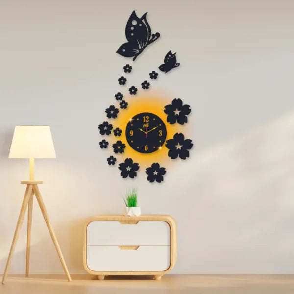 Wall Clock With Wooden Butterflies , Flowers With Light