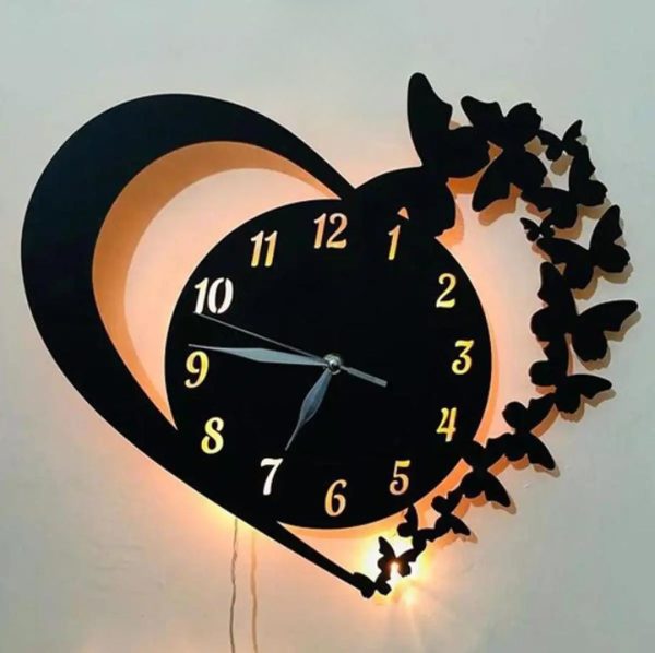 Heart Shaped 3d Wall Clock With Light Wooden Wall Clock